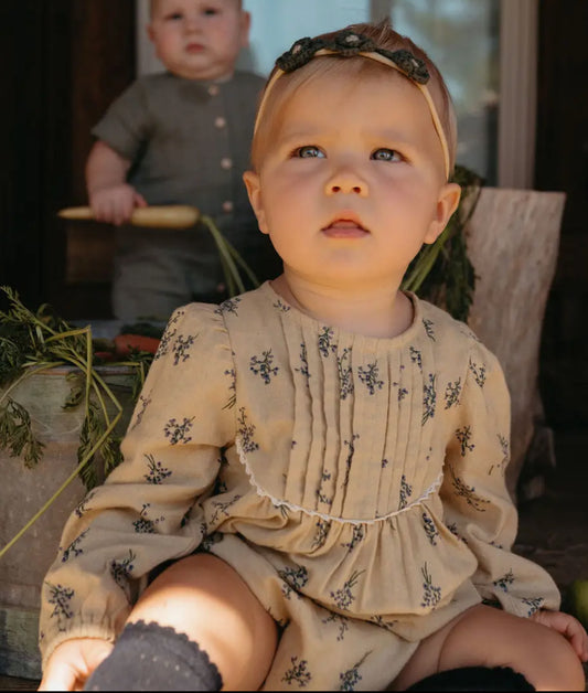 Taupe/Olive floral long sleeve bubble, headband & knee sock set