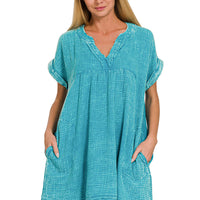 Raw edge v-neck dress - teal