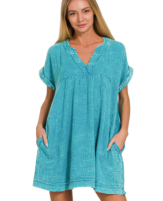Raw edge v-neck dress - teal