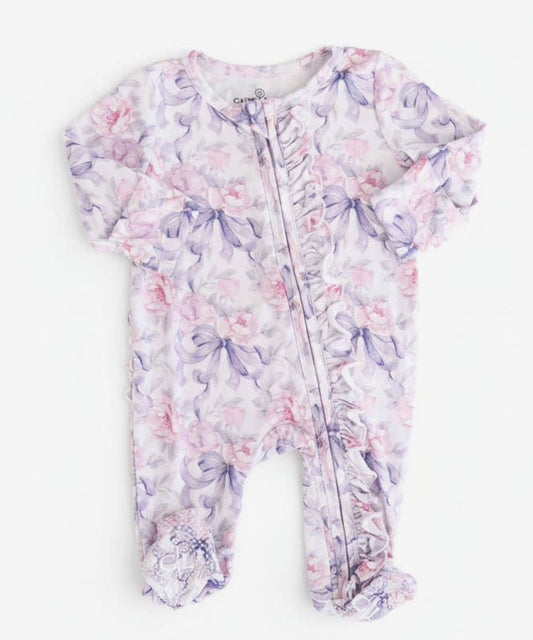 Leighton’s lavender Ruffle bamboo footie
