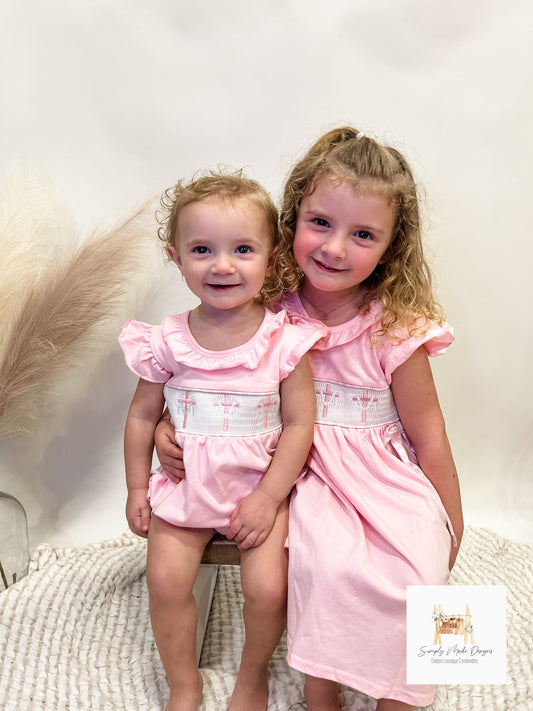 Pink cross smocked girls bubble