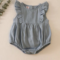 Teal linen girls ruffle bubble