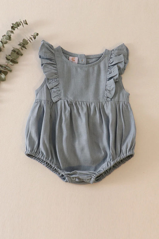 Teal linen girls ruffle bubble