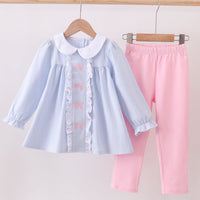 Embroidered bow girls pant set