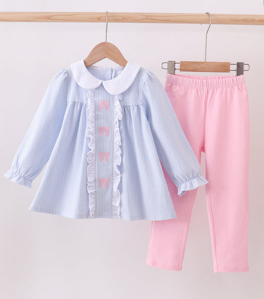 Embroidered bow girls pant set
