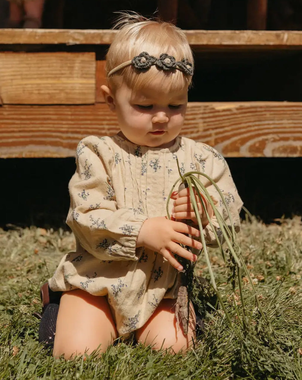 Taupe/Olive floral long sleeve bubble, headband & knee sock set