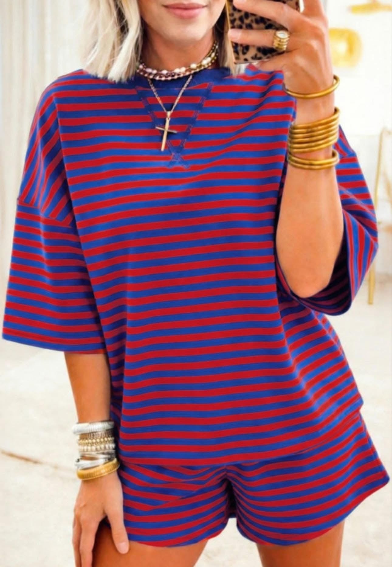 Red/blue striped short set