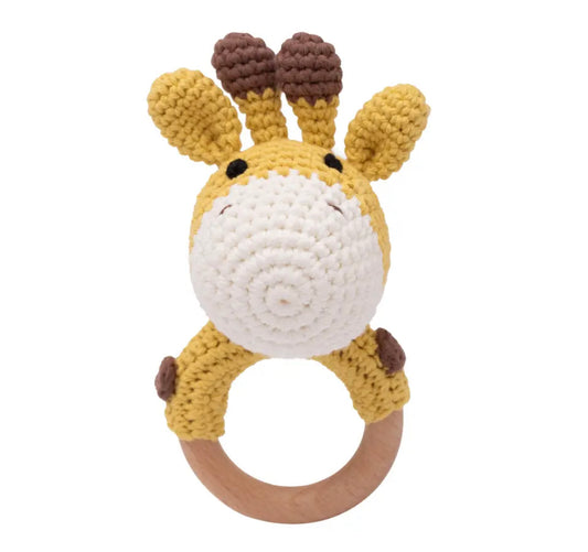 Wood crochet baby teether rattle