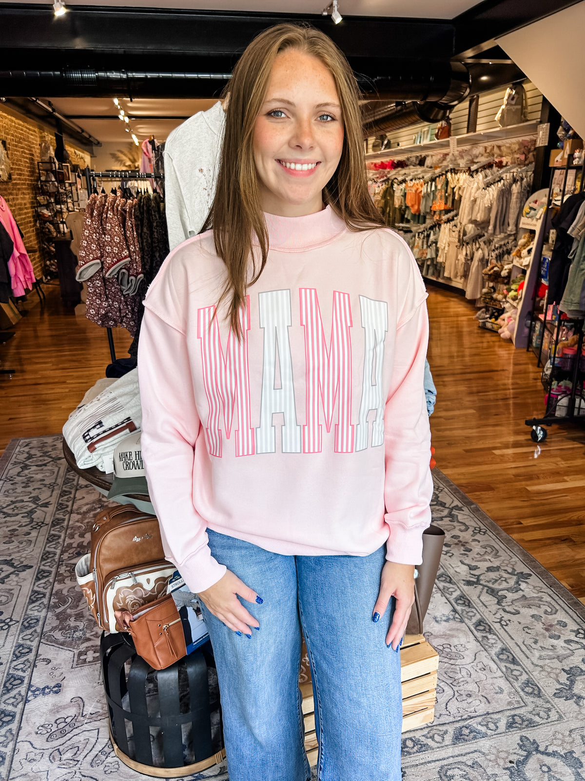 Pink MAMA striped mock neck