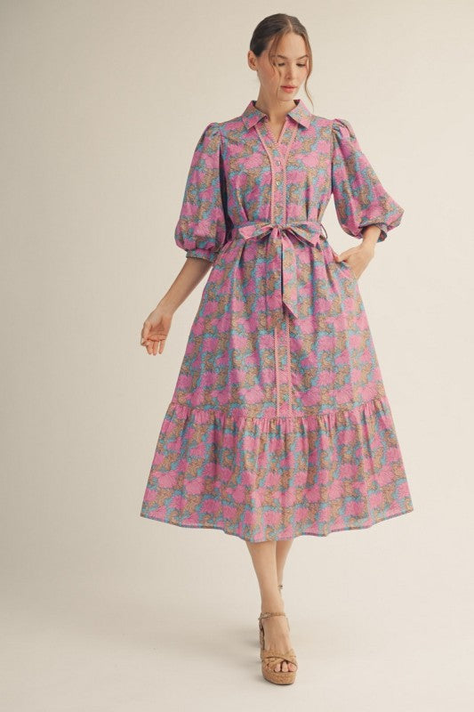 Floral button down tie midi dress