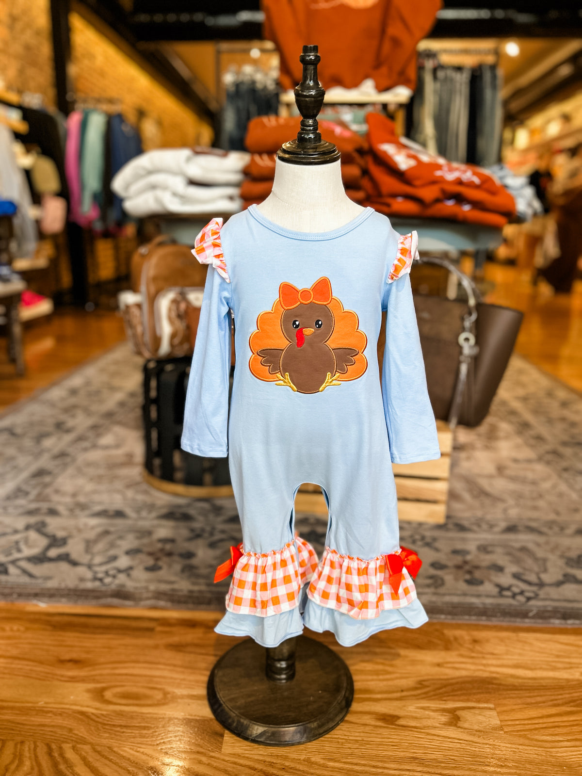 Blue turkey plaid girls romper