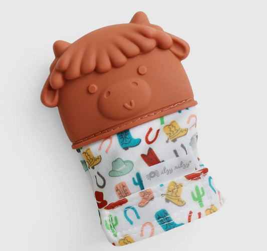 Highland cow teething mitts