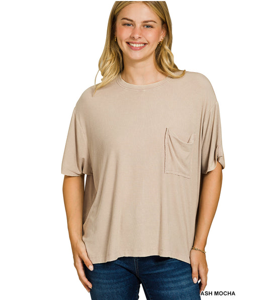 Acid wash ribbed top -mocha