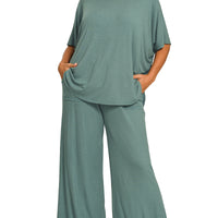 Curvy sized ribbed pant set- Jade