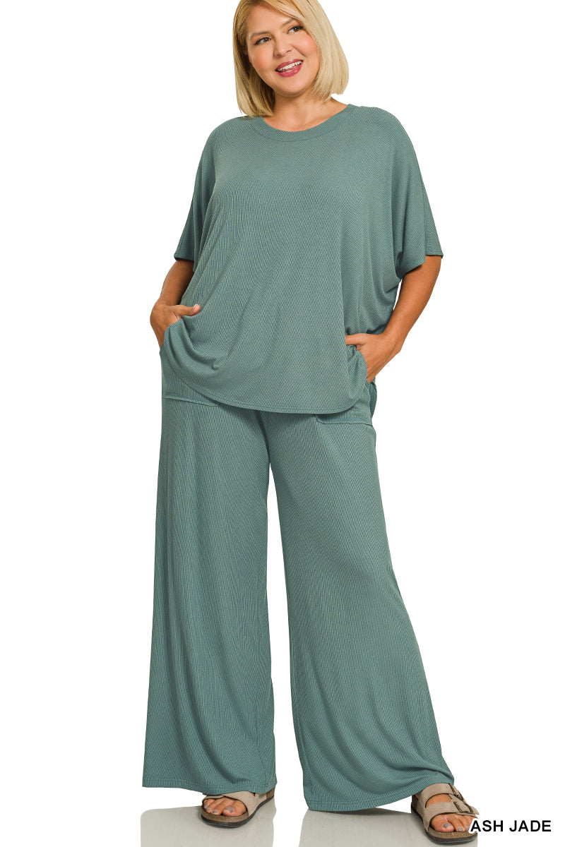 Curvy sized ribbed pant set- Jade