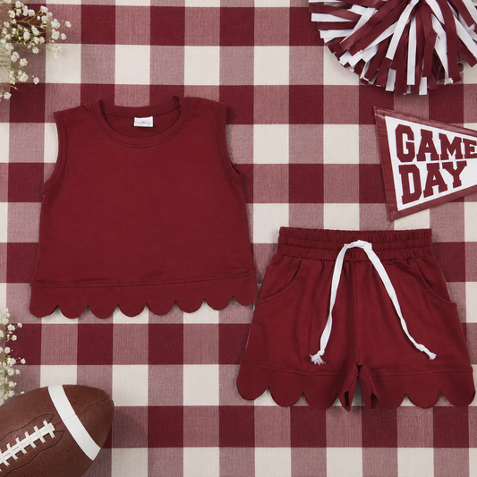 Burgandy scallop short set