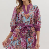 Plum Botanical print 3/4 sleeve dress