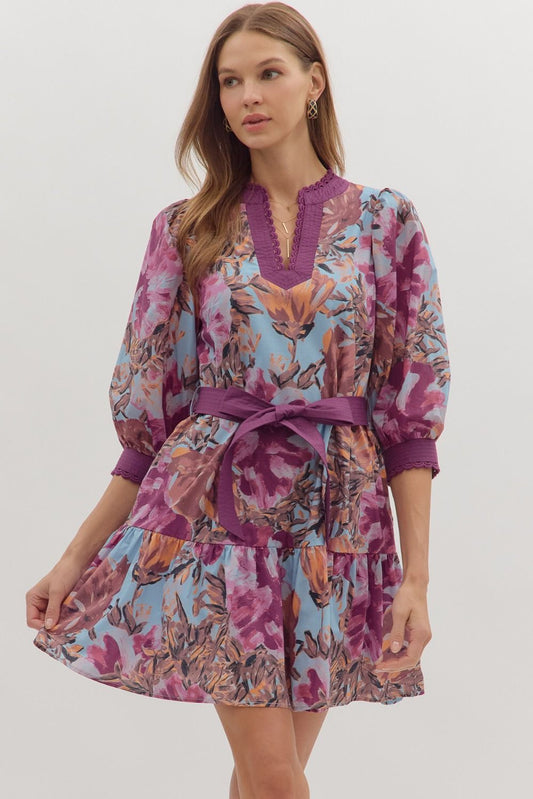 Plum Botanical print 3/4 sleeve dress