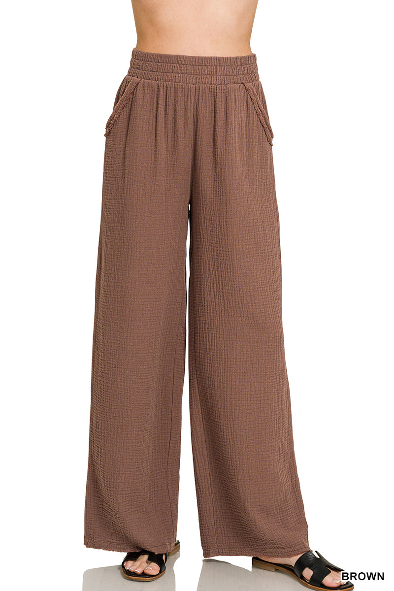 Gauze Wide-Leg Pants - brown