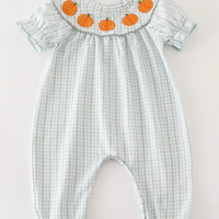 Sage gingham pumpkin girls romper