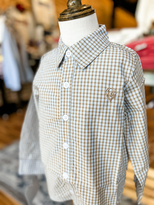 Boys button down— blue & brown
