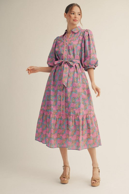 Floral button down tie midi dress