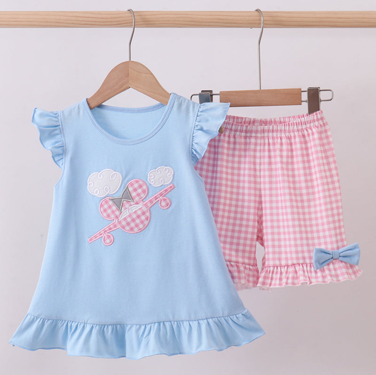 Blue ruffle plane short set