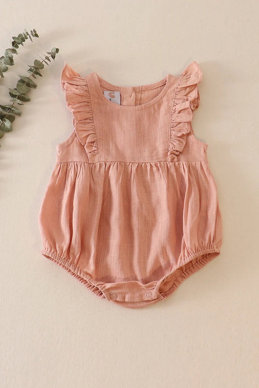 Peach linen girls ruffle bubble