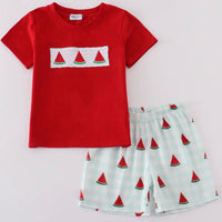 Watermelon smocked boys short set