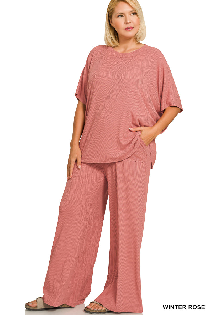 Curvy sized ribbed pant set- pink