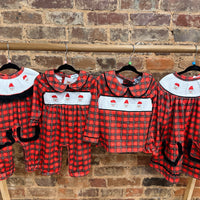 Red smocked Santa girls romper
