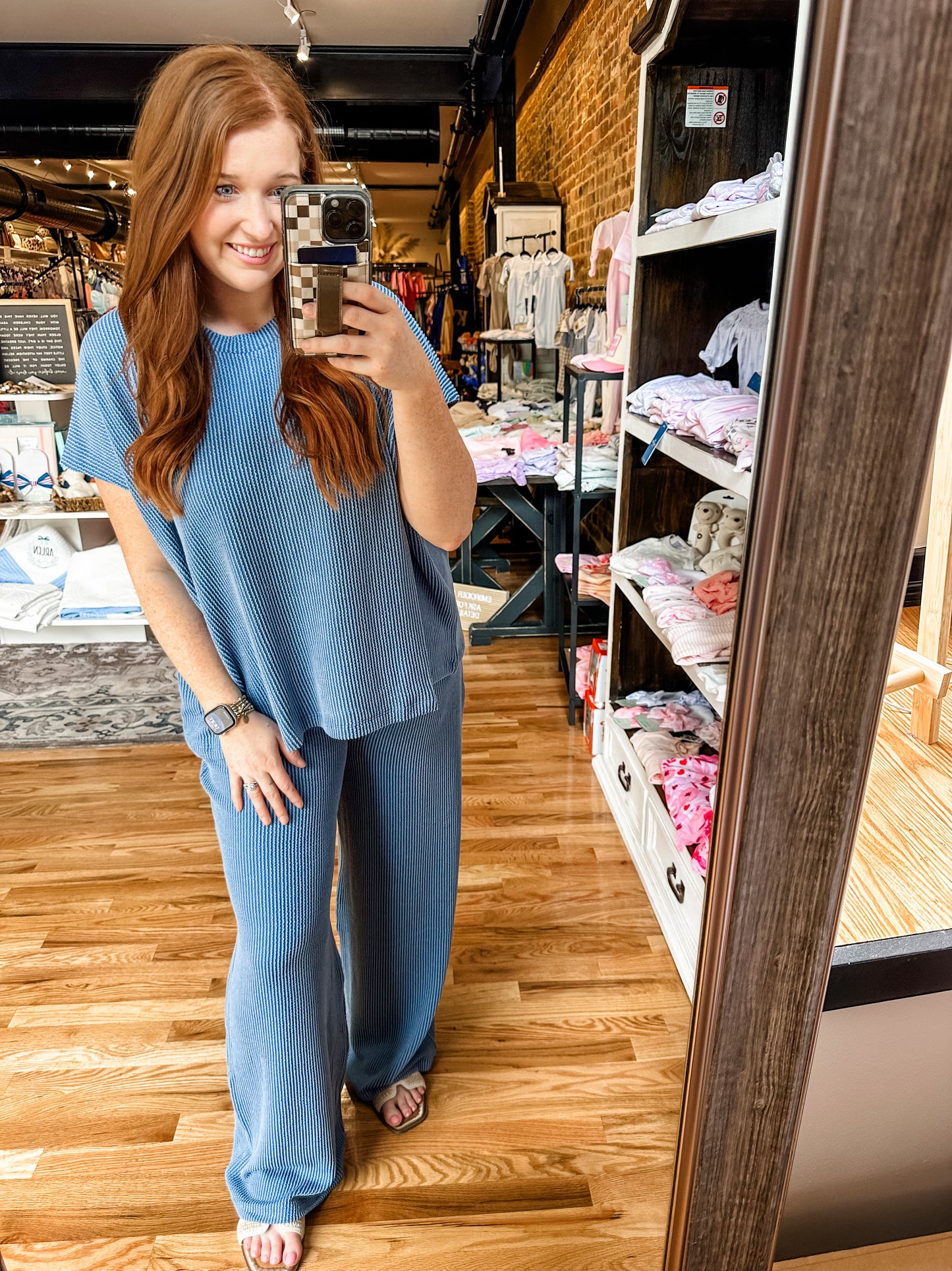 High waist blue ribbed set