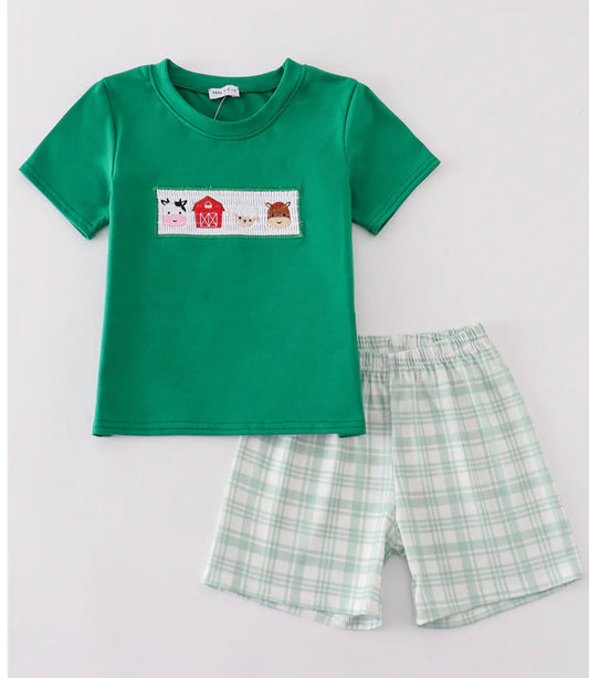 Green farm smocked short set