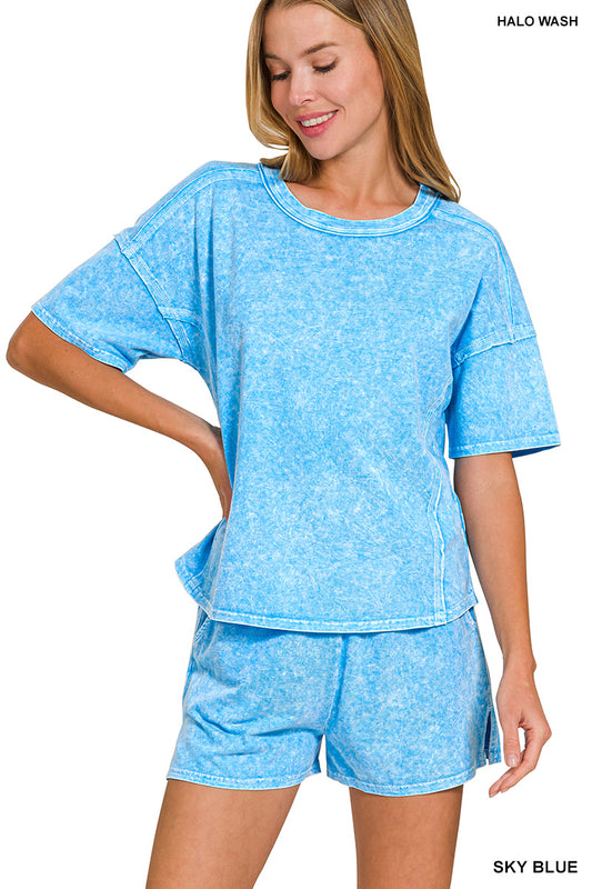 Acid wash 2pc short set- blue