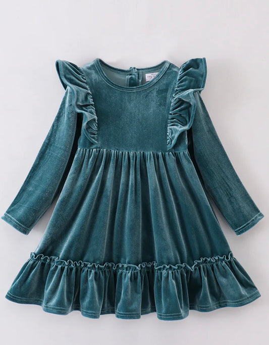 Teal velvet girls dress
