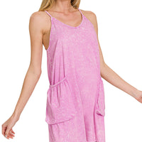 Acid wash pocket romper - mauve