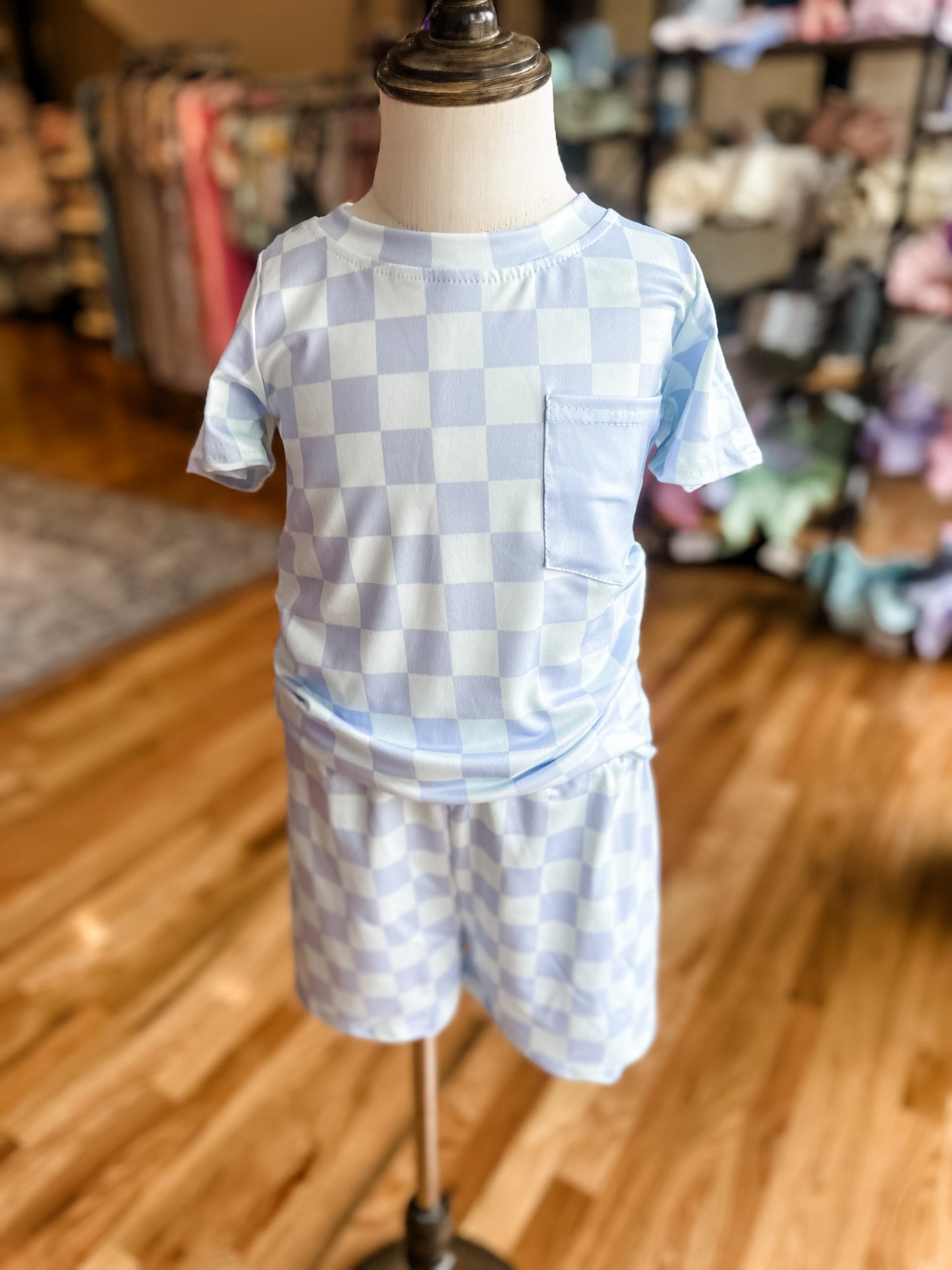 Green blue checkered short set