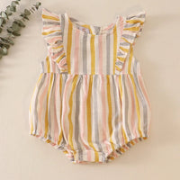 Multi stripe linen girls ruffle bubble