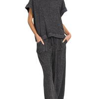 Acid wash pant set -black