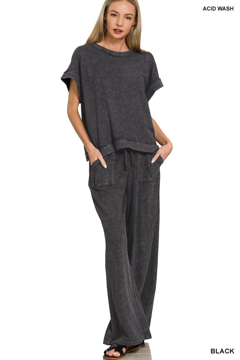 Acid wash pant set -black