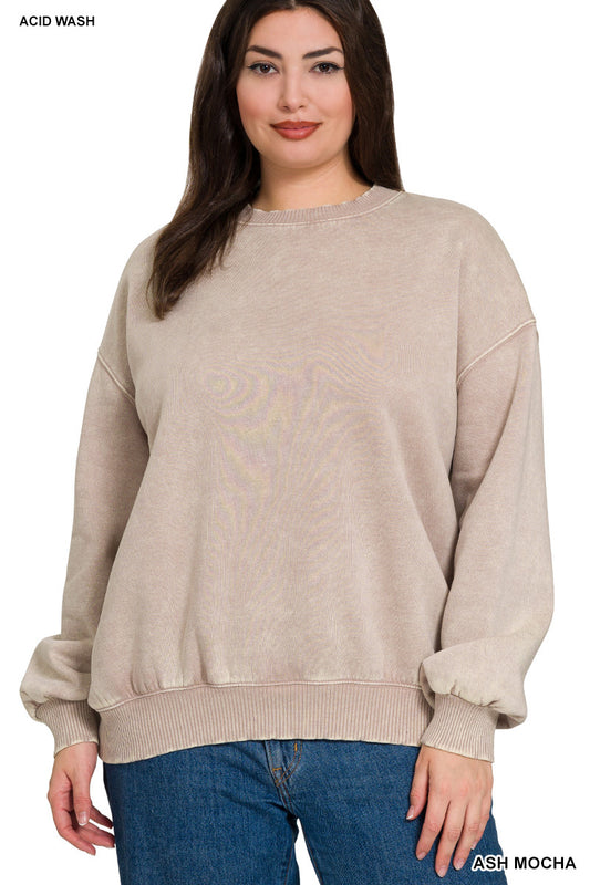 Acid wash plus size pullover - mocha