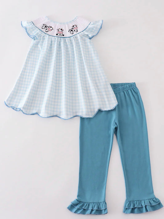 Blue gingham cow pant girls set