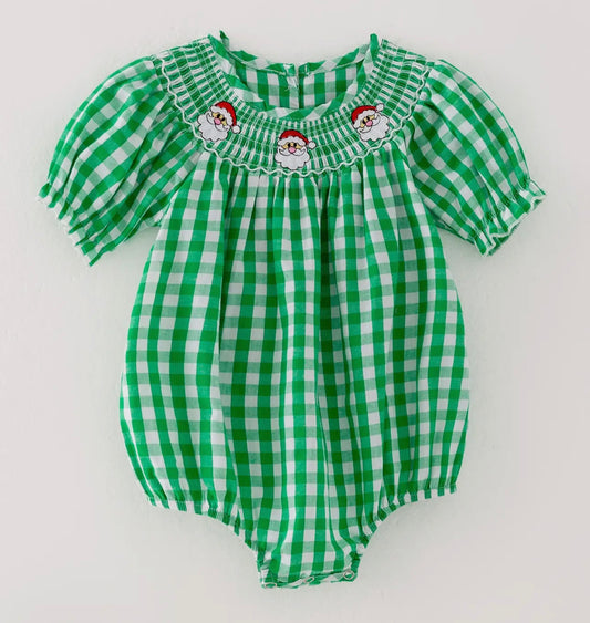 Green gingham smocked Santa bubble