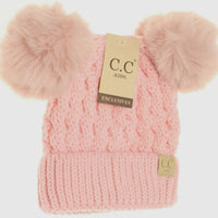Kids cable knit double pom beanie