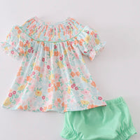 Green floral smocked bloomer set - NB