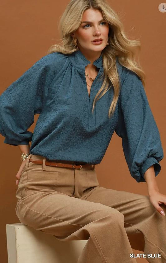 Textured Split Neck Balloon Sleeve Blouse