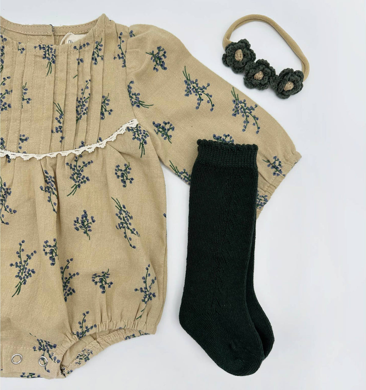 Taupe/Olive floral long sleeve bubble, headband & knee sock set