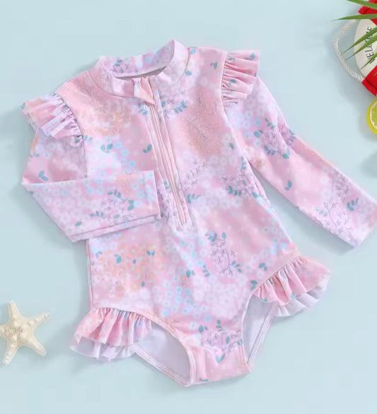 Pink florals Rashguard one piece swimsuit