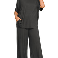 Curvy sized ribbed pant set- black