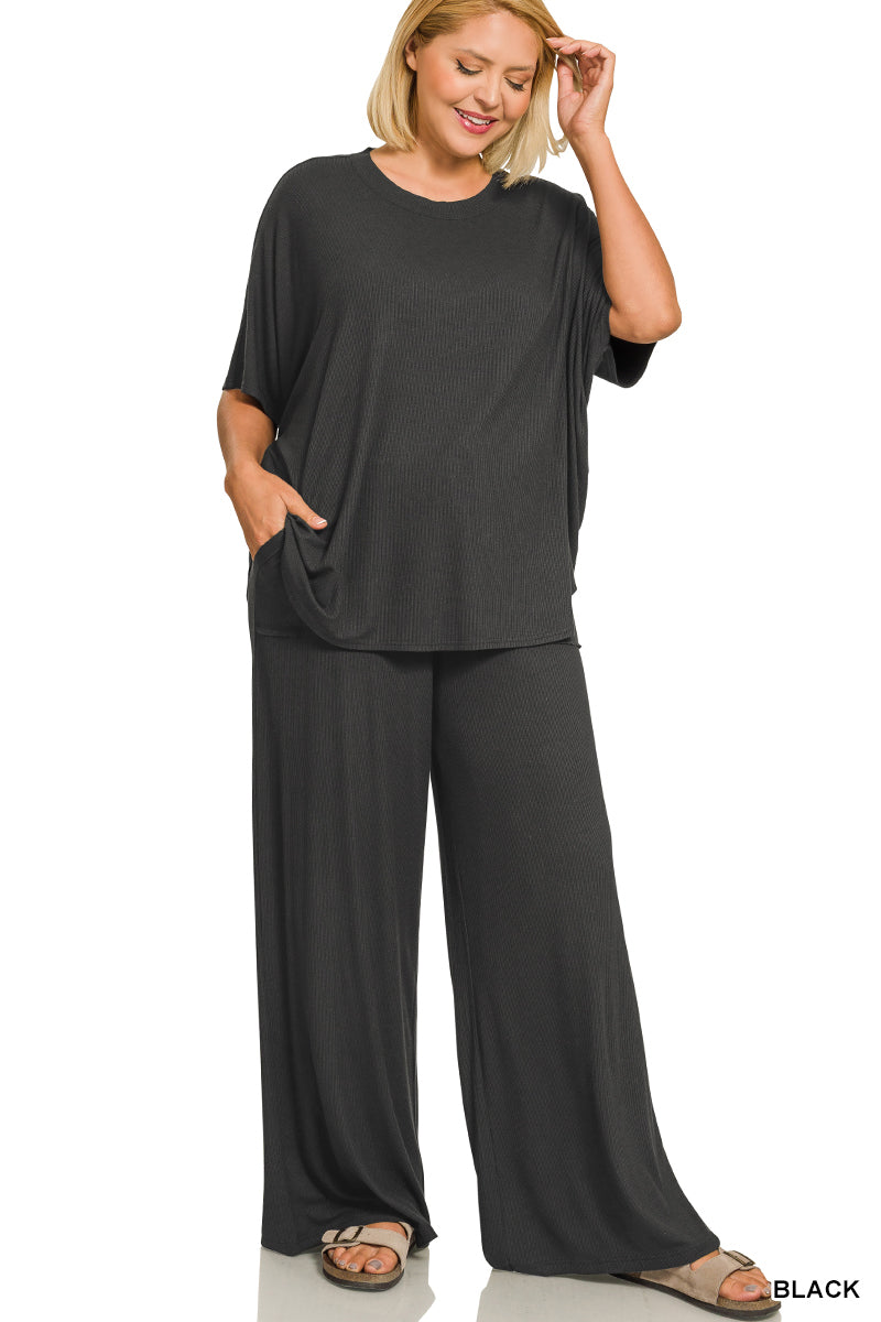 Curvy sized ribbed pant set- black